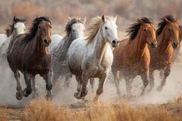 Naklejka na meble Herd of horses running through dusty terrain in a wild setting during golden hour light