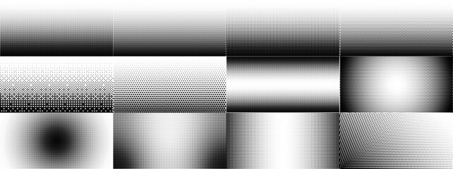 Wall Mural - Halftone linear gradient and radial textures with dot and square patterns, optical distortions, noise effects. Retro comic backgrounds for posters, layouts. Vector set