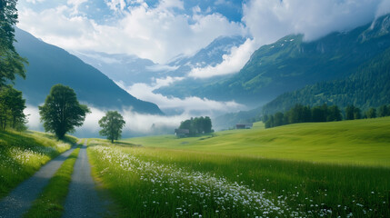Wall Mural - green field and blue sky. field and clouds