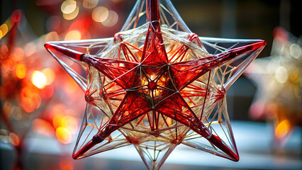 Glass star shaped sculpture with red threads inside
