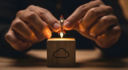 man's hands launching a miniature rocket from a wooden block with a cloud computing icon. business s