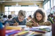 © YiXiong - Children drawing with colored pencils in a bright classroom.