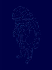 Poster - A low poly wireframe illustration of a man resembling Trump in a suit and tie, set against a solid blue background. The geometric design features intricate polygonal details.