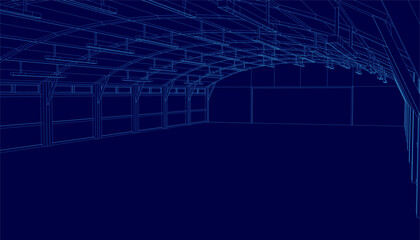 Poster - A warehouse blueprint with a blue background displays the interior wireframe structure, including detailed floor plans and room layouts. The technical drawing features clean lines and precise.