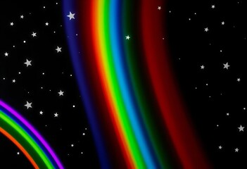 Wall Mural - Vibrant rainbow stripes overlaid with scattered white stars on a dark background, rainbow,  whimsical