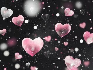Poster - A dynamic close-up shows numerous pink and white hearts, some transparent and glistening with sparkles, floating against a dark, bokeh-filled background.