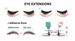 © goesti - Eyelash extension infographic guide showing correct adhesive zone and application technique with do's and don'ts.