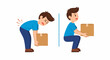 © Basecamp - Man demonstrating correct and incorrect lifting posture, showing back pain from improper bending and safe squatting.