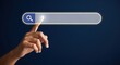 © Generative AI - Searching Online: Hand Touching Search Bar on Blue Background Representing Internet Browsing and Information Seeking