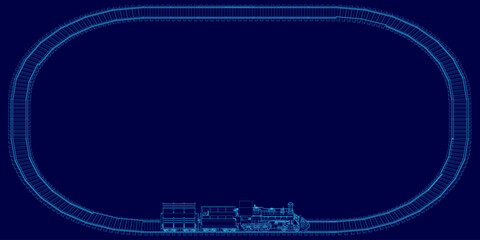 Poster - A blueprint of a toy train track features intricate curved rails and wireframe design on a vibrant blue background. The white lines contrast sharply with the blue, creating a visually striking layout.