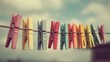 © Generative AI - Colorful Wooden Clothespins Hanging on a Line Against a Cloudy Sky, Representing Laundry and Nostalgia