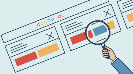 Hand holding magnifying glass over website interface elements.