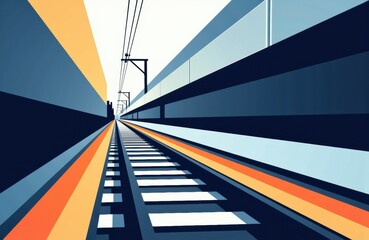Train tracks run through an abstract tunnel with geometric shapes and bold colors creating a sense of motion and depth