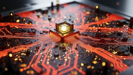 Abstract Circuit Board With Glowing Orange Lights And Futuristic Design