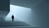 Businessman Ascending Staircase Towards Light: Vision, Ambition, and Opportunity in a Modern Architectural Space