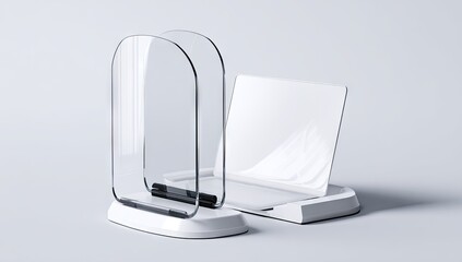Modern, clear acrylic display stands on a white base.