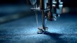 © Tanvir - Close Up of a Sewing Machine Needle Stitching Blue Fabric with Precision and Care .