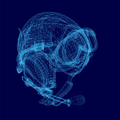 Poster - A wireframe pilot helmet displays intricate geometric lines and shapes, forming a detailed 3D structure with a striking visual effect. The modern design contrasts against a smooth blue background,.