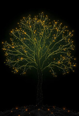 neural network tree, learning artificial intelligence in dark background, dinamic scene, with white tones