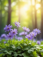 Wall Mural - Delicate violet flowers blooming in a forest of greenery