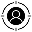 © Amelia - Target Audience Glyph Black Silhouette Icon Design Vector - Person avatar inside a target scope, representing customer targeting, audience focus, or demographic analysis