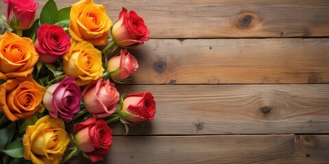 Wall Mural - Vibrant roses on weathered wooden planks
