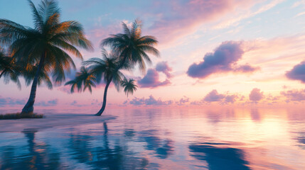 Wall Mural - beautiful tropical sunset over calm waters with palm trees and a boat anchored on a quiet beach
