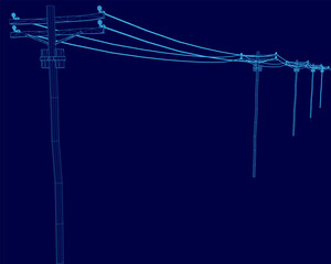 Poster - A detailed wireframe blueprint of an electrical power pole with power lines, set against a clean blue background. The technical drawing highlights structural components and wiring connections.