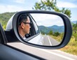 © wahyu - Man Looking Out Car Side Mirror Scenic Road Trip