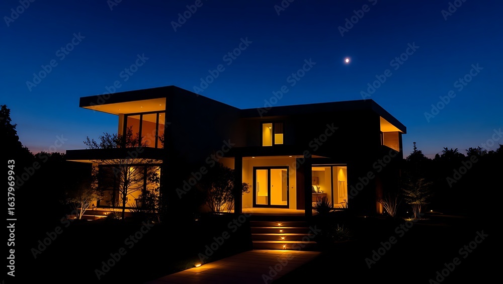 Modern house illuminated at night with a dark blue sky and a visible ...