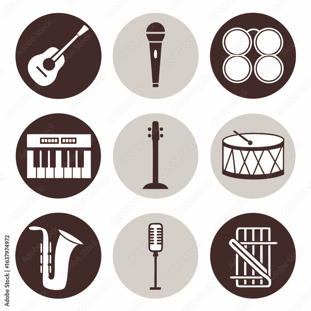 Nine musical instrument icons including guitar keyboard drum saxophone ...