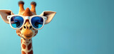 Cute cartoon giraffe sports bright yellow tinted blue sunglasses, welcoming summer holidays. Trendy illustration features long-necked mammal with funny, cool demeanor, perfect for children themed