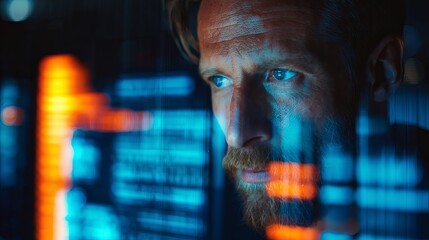 Intense businessman focused on complex data analysis reflected on screen, digital technology concept