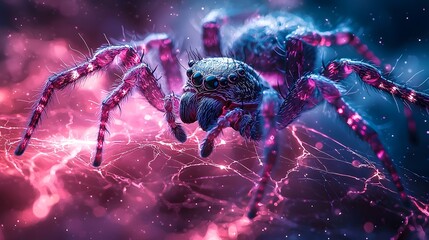 Wall Mural - Mystical spider with a vibrant electric web shimmering against a cosmic thunderstorm backdrop