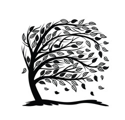 tree silhouette with leaves falling autumn wind vector