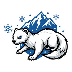 Wall Mural - A white arctic animal rests near a blue mountain and snowflakes.