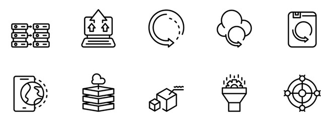Modern Minimalist Line Icons: Cloud Computing, Data Transfer, Server Network, Mobile Technology, and Global Connectivity.