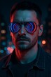 © Alice - Man with a serious expression wearing sunglasses with a hypnotic neon spiral reflection