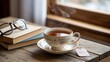 © Cahya - A delicate porcelain teacup with a 'Relax' tag, next to a book and glasses, on a wooden table
