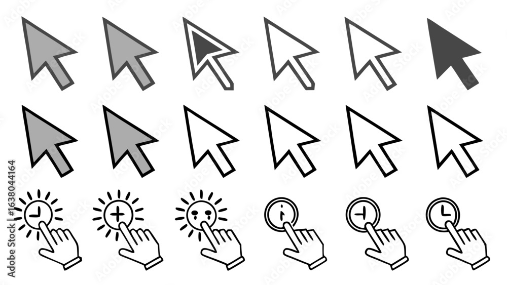 Collection of Cursor Icons and Hand Clicks for Interface Design. Stock ...