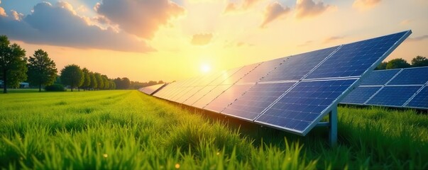 Sunlight illuminating a solar panel array nestled in a green field , science, nature