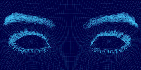 Poster - Blue wireframe of a female face focuses on detailed eyes and eyebrows, showcasing intricate digital design. The geometric lines create a futuristic and abstract representation of human features.