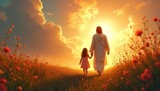 Jesus Christ leads young girl hand-in-hand through sunlit field of flowers, walking towards radiant light. Digital painting captures moment of serenity, hope, divine love, with backlit silhouette