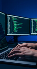Wall Mural - close-up of hands typing on laptop keyboard, multiple monitors displaying code in background, showca