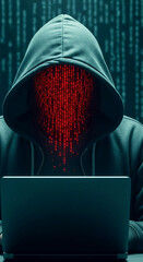 Wall Mural - hooded figure at laptop, face obscured by red digital code stream, set against teal binary code back