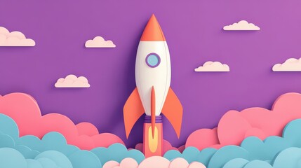 Wall Mural - A colorful, playful rocket is launched among fluffy clouds against a vibrant purple background, representing adventure and imagination.