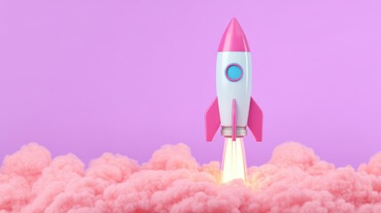 Wall Mural - A colorful rocket launches through fluffy pink clouds against a soft purple background, symbolizing creativity and adventure.