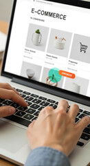 Wall Mural - hands using laptop to shop online, showcasing e-commerce website with product images and checkout bu