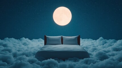 Wall Mural - A serene bed floats among clouds under a bright moon, creating a dreamlike atmosphere filled with stars.