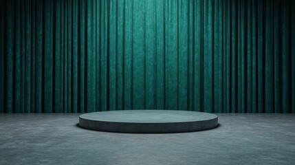 Wall Mural - A minimalistic stage with a circular platform set against rich, green velvet curtains, creating a dramatic atmosphere for performances.